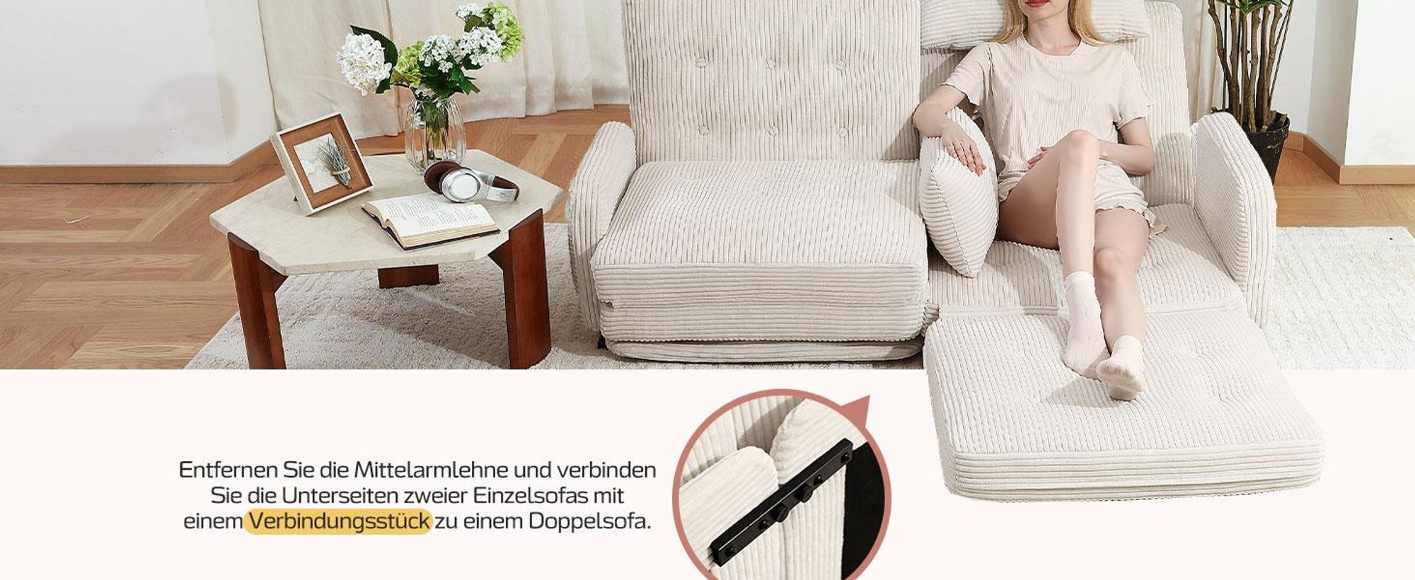 Bodenhohes Sofa,- mit Schlaffunktion, erhältlich in verschiedenen Farben, moderner Cordstoff, Elfenbeinweiß