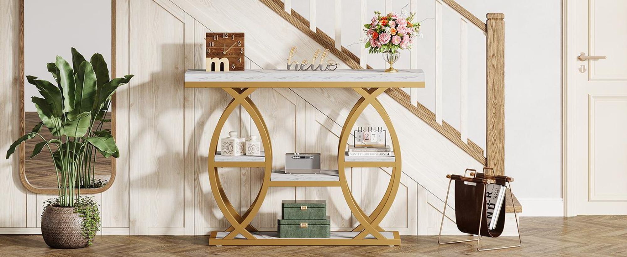 Tribesigns 100 cm Konsolentisch, industrieller 4-stufiger Sofatisch mit Ablagefächern, schmaler Beistelltisch Holz mit Metallgestell Flur, Weißgold
