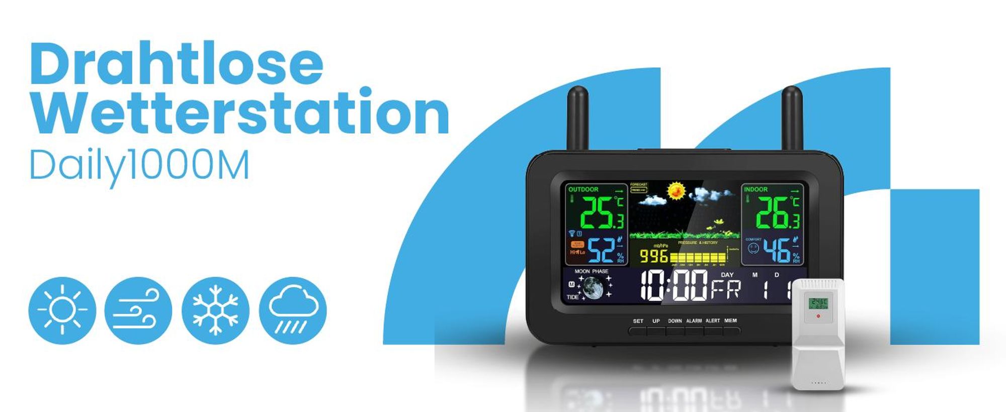 MalTec Funk-Wetterstation Thermometer Barometer Drahtlose externer Wettersensor Druck Alarm