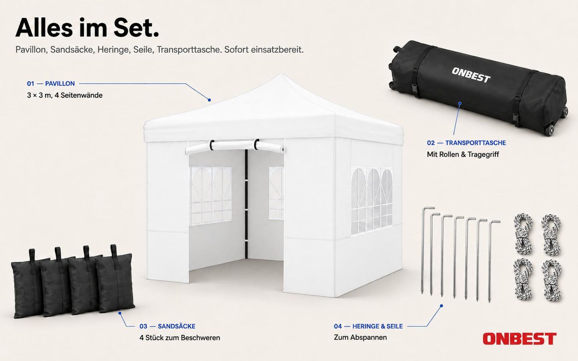 ONBEST Pavillon 3x3 | Wasserdicht | faltbar | Grau | mit Sandsäcke | Heringe | Seile | UV50+ | Premium