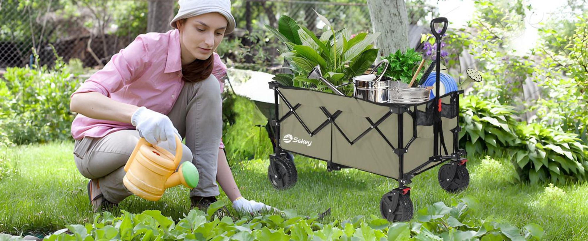 Sekey XXL 200KG Belastbar Bollerwagen Faltbar mit Spanngurte, 20x7,5 cm Extra Breite Reifen, Olivgrün