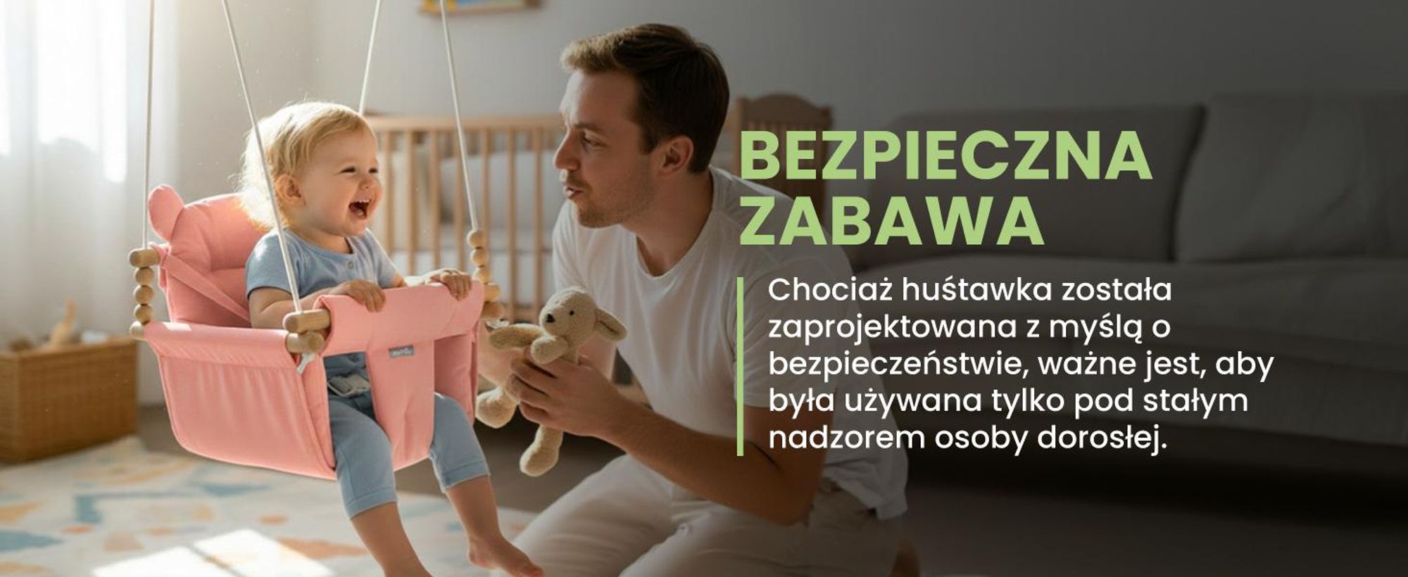 Różowa huśtawka dla dzieci na sznurkach z bawełnianą poduszką
