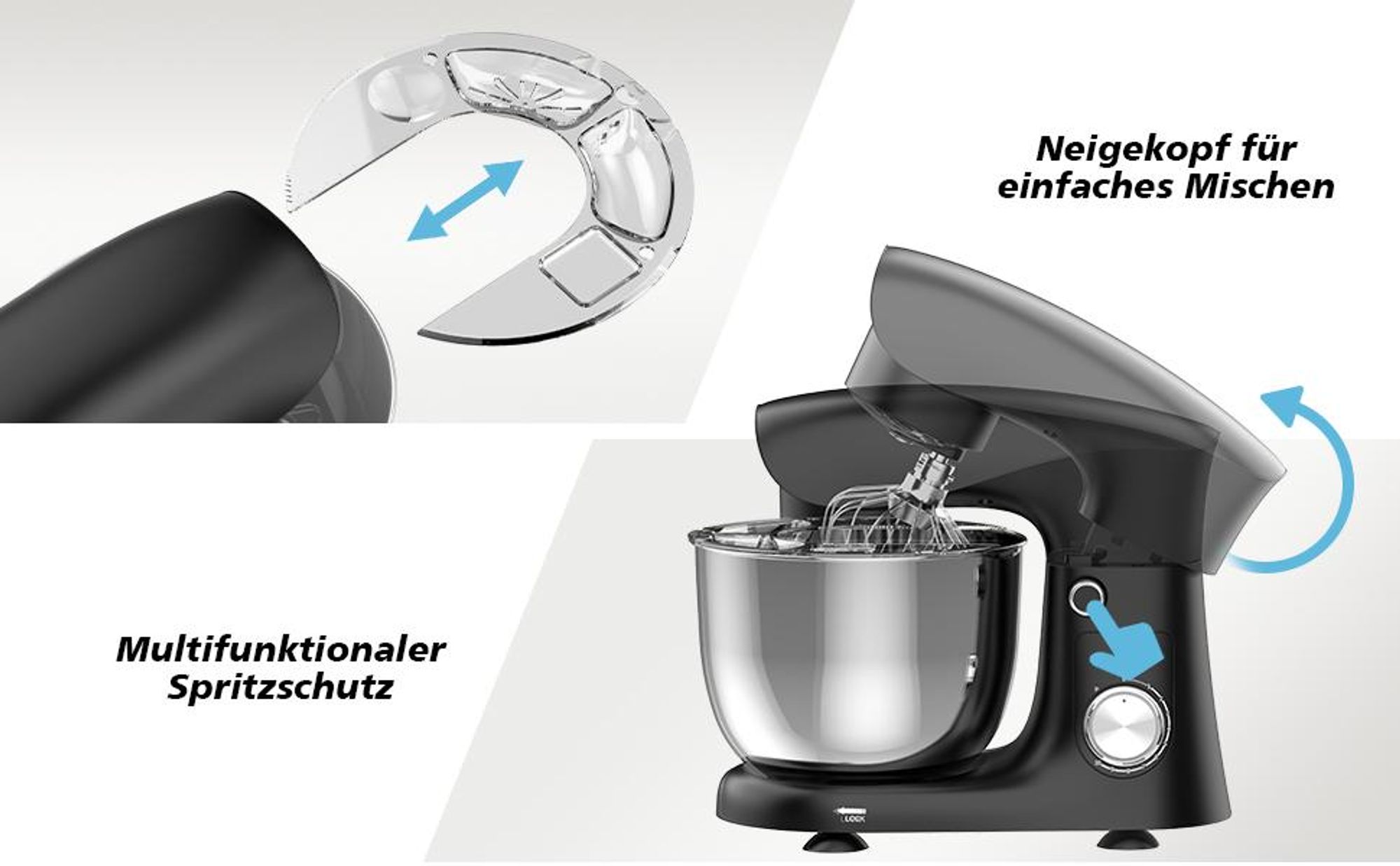 Küchenmaschine, 5L Edelstahlschüssel, Knet- & Rührmaschine, 10 Geschwindigkeiten, 600W, inkl. Knethaken, Rührhaken, Schneebesen & Spritzschutz