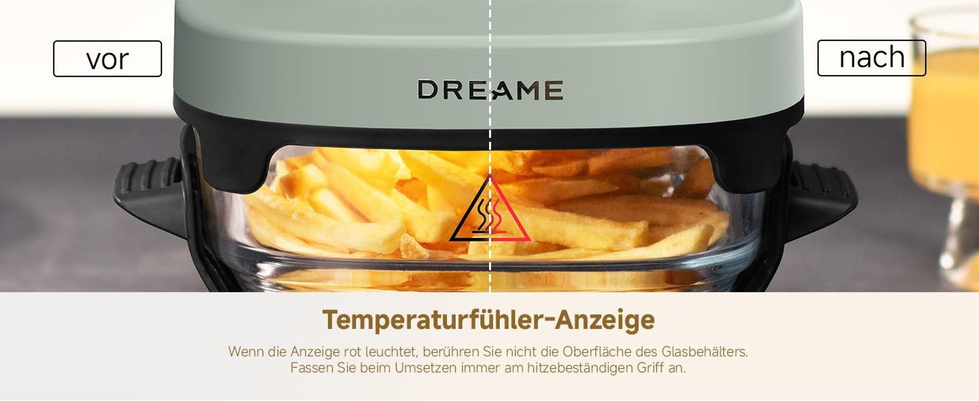 Dreame Tasti AirFryer 5-in-1 Heißluftfritteuse, 6mm starkes,tragbares Borosilikatglas,3D-Heißluftzirkulation,spülmaschinenfest,360° Sicht,2.5l ,Grün