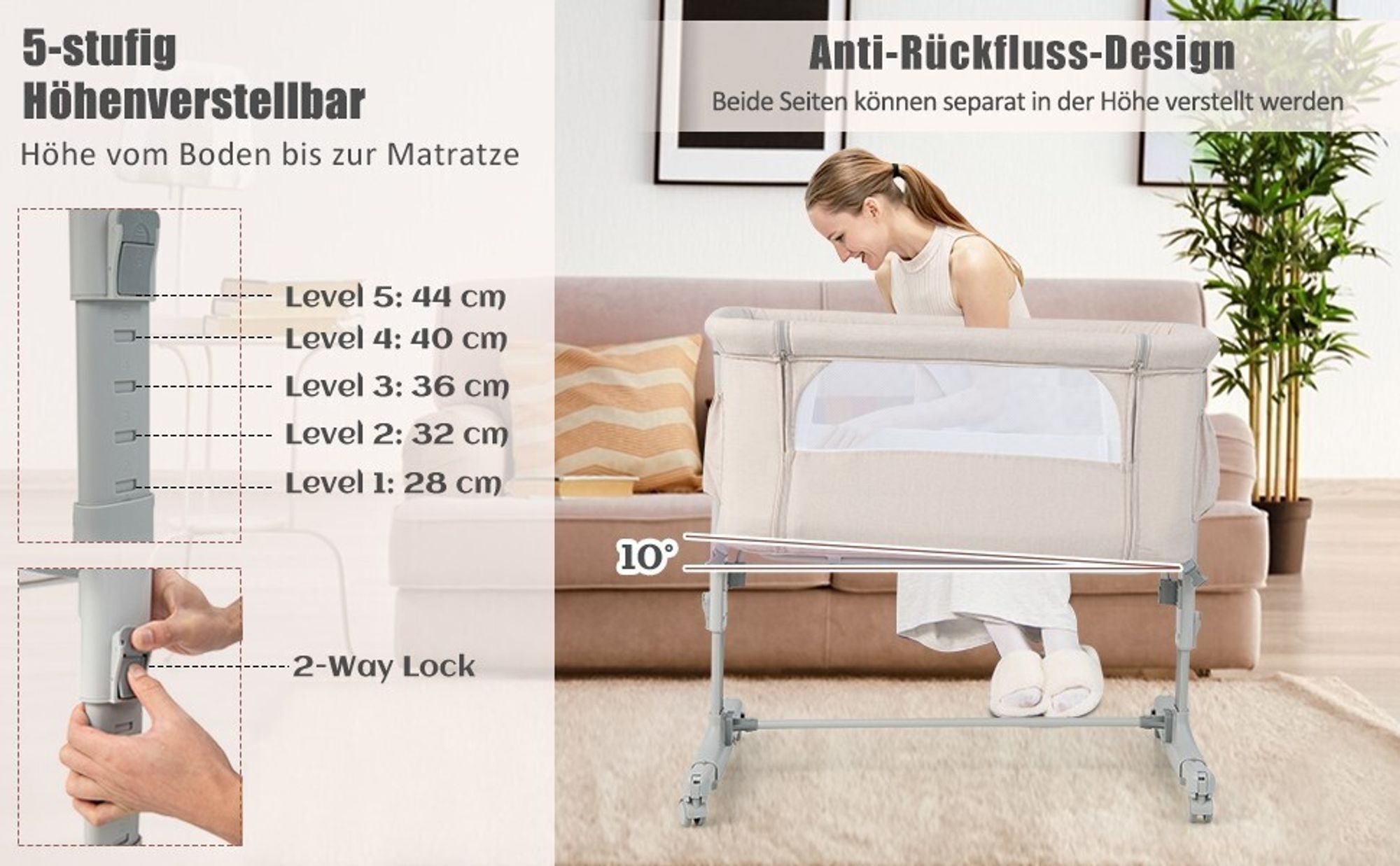 2 in 1 Beistellbett & Babywiege, 5-stufig Höhenverstellbar Babybett mit Matratze, Zustellbett Kinder ab Geburt bis 9 kg, 10° Neigung Reisebett Baby mit Rollen (Dunkelgrau)