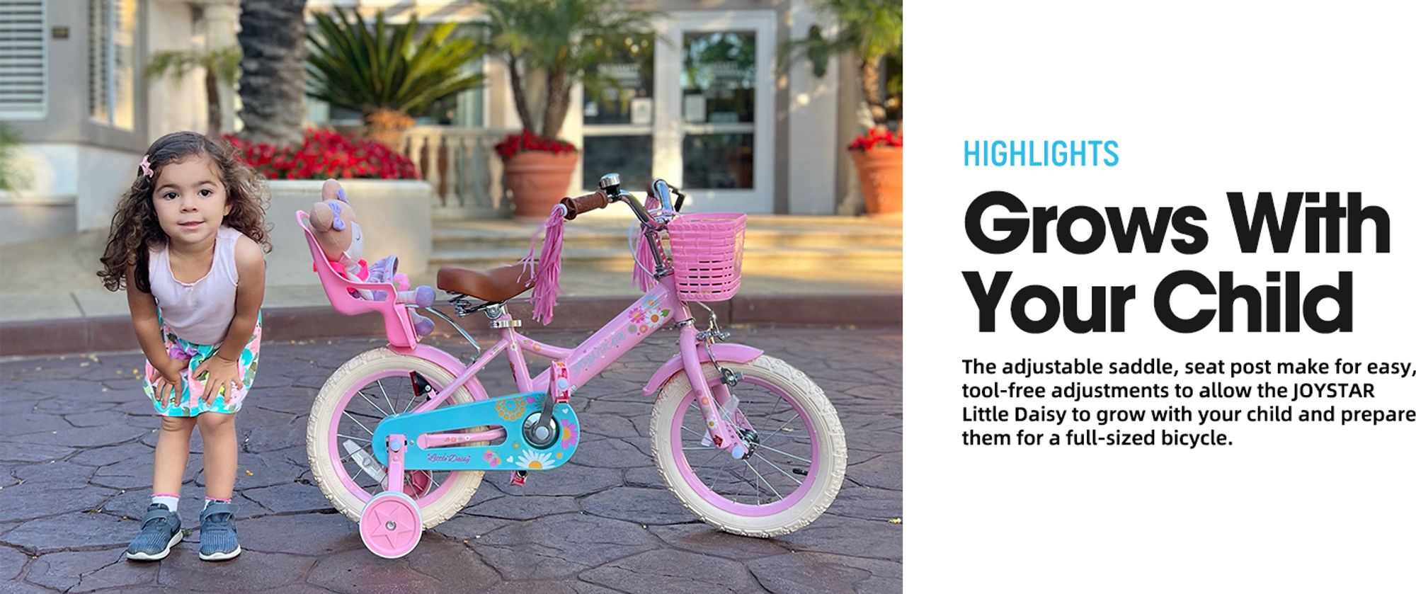 HILAND Joystar 16 Zoll Kinderfahrrad mit Stützrädern, Puppenfahrradsitz, Luftschlangen, Korb, Klingel, DIY-Aufklebern, Schutzblechen, für Mädchen,Blau