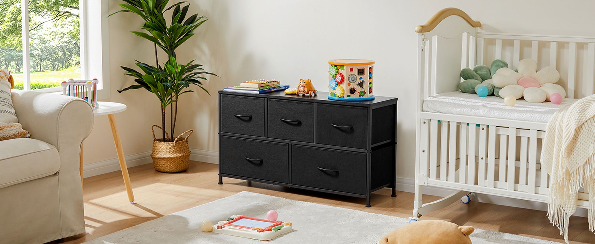 Kommode mit Stoffschubladen, Chest of Drawers mit 5 schubladenschrank, kommode schlafzimmer schubladen schrank,Stoffkommode drawer