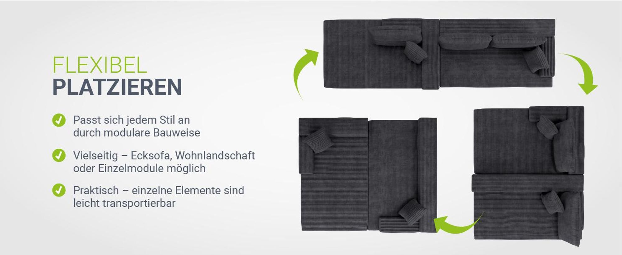 Juskys Sofa Coredo - Dunkelgrau, moderne Couch aus Cord mit Kissen, Ottomane links
