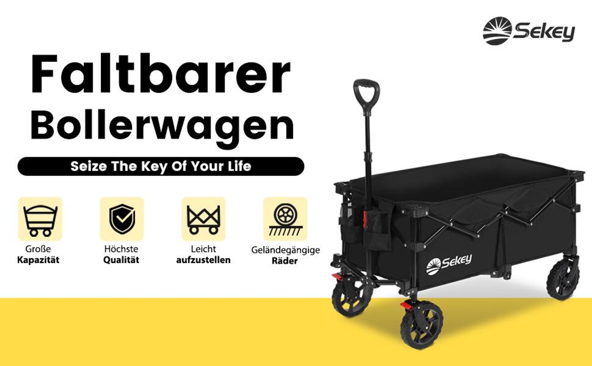 Sekey Bollerwagen faltbar 150 kg mit Bremsen, klappbarer Handwagen für Garten und Ausflug, Schwarz