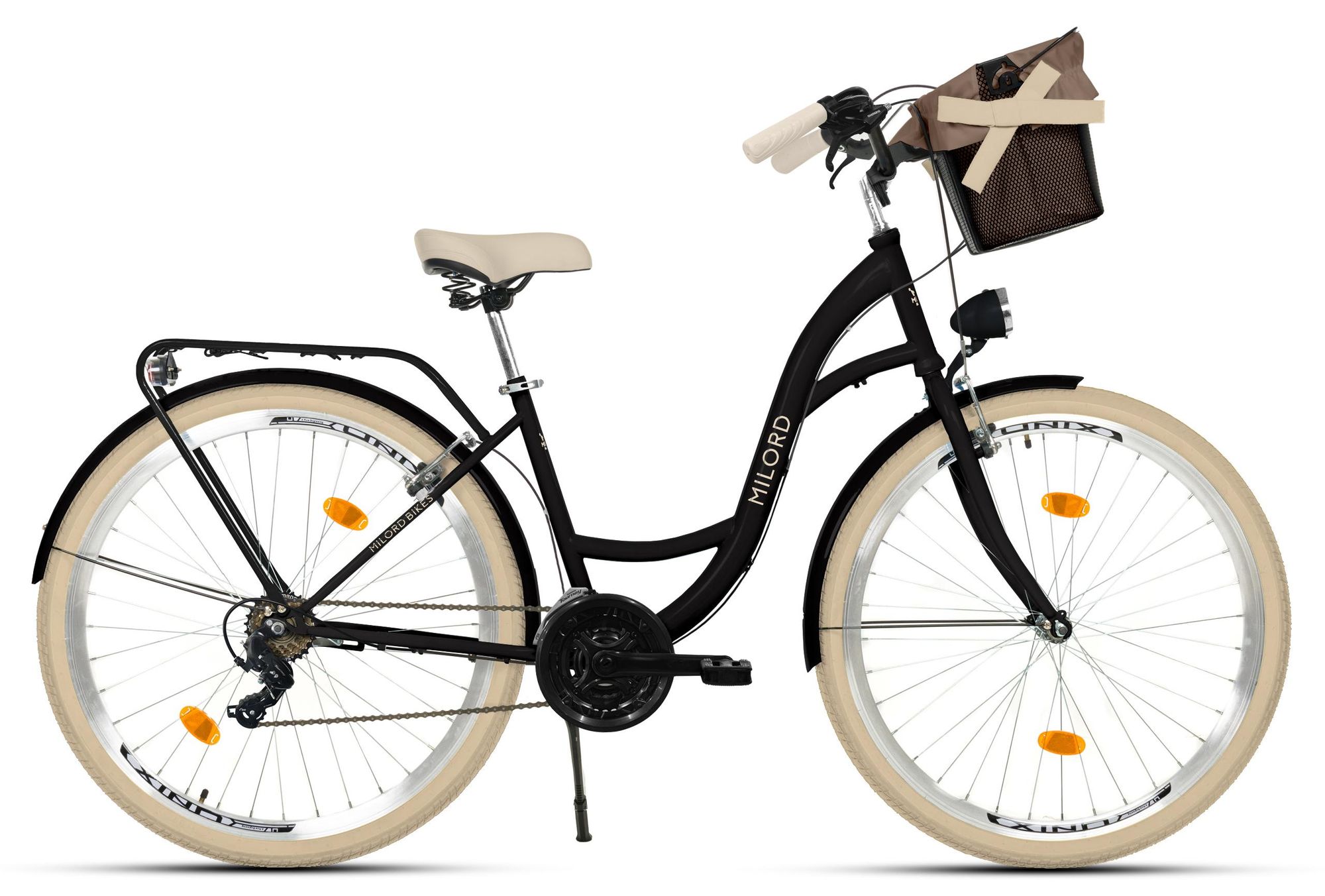 MILORD Damenfahrrad Citybike Komfort Mit Metallkorb Hollandrad Fahrrad, 26 Zoll, 21-Gang, Khaki-Creme