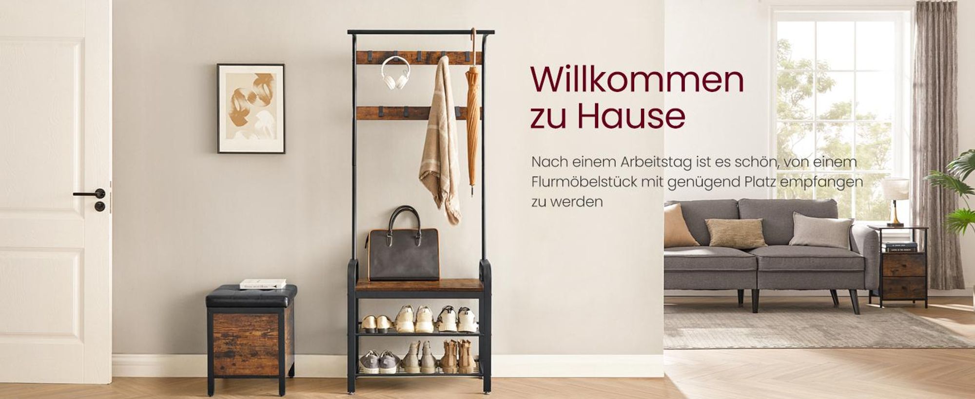 VASAGLE Garderobenständer,183 x 72 x 33,7 cm, mit 9 Haken und Schuhregal-RSH40