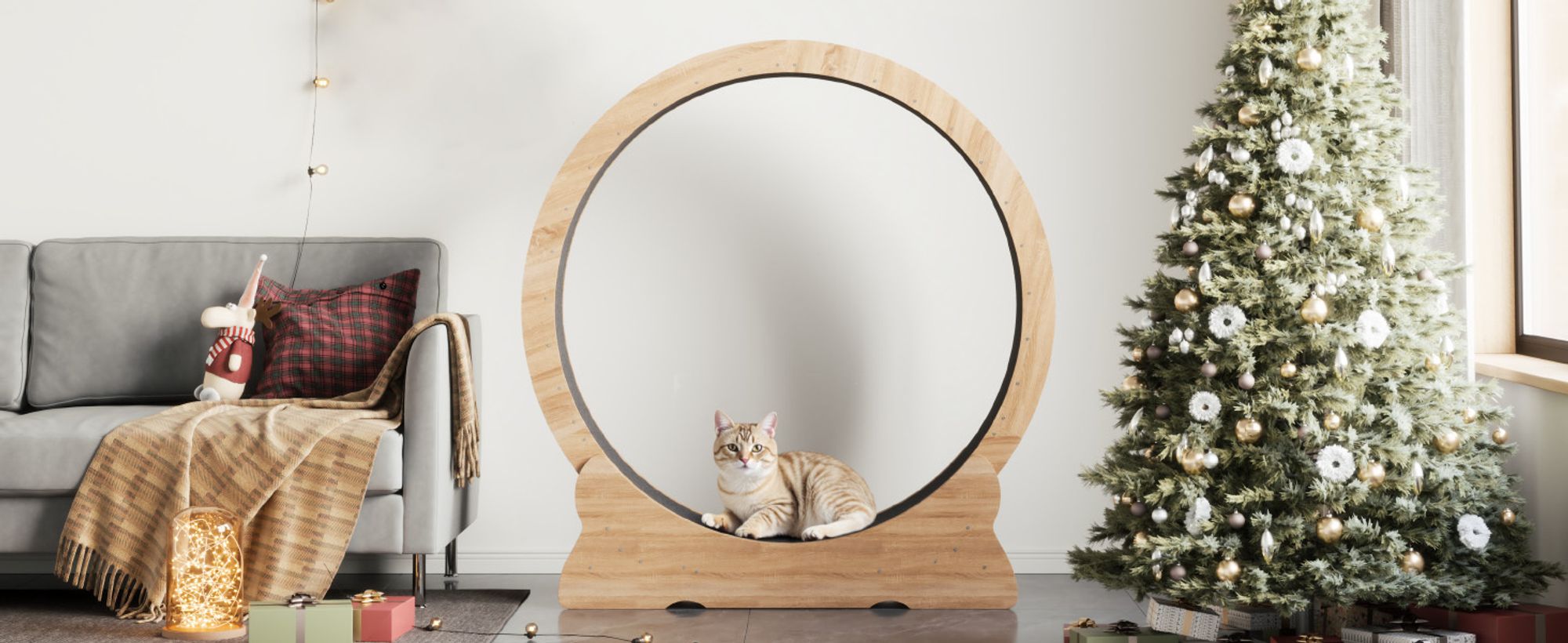 Mondeer Tier-Intelligenzspielzeug Laufband für Katzen,Innendurchmesser 100cm,Sicherheitsschloss-Design, Leises Scrollrad,110 x 117 x 36CM Naturholz