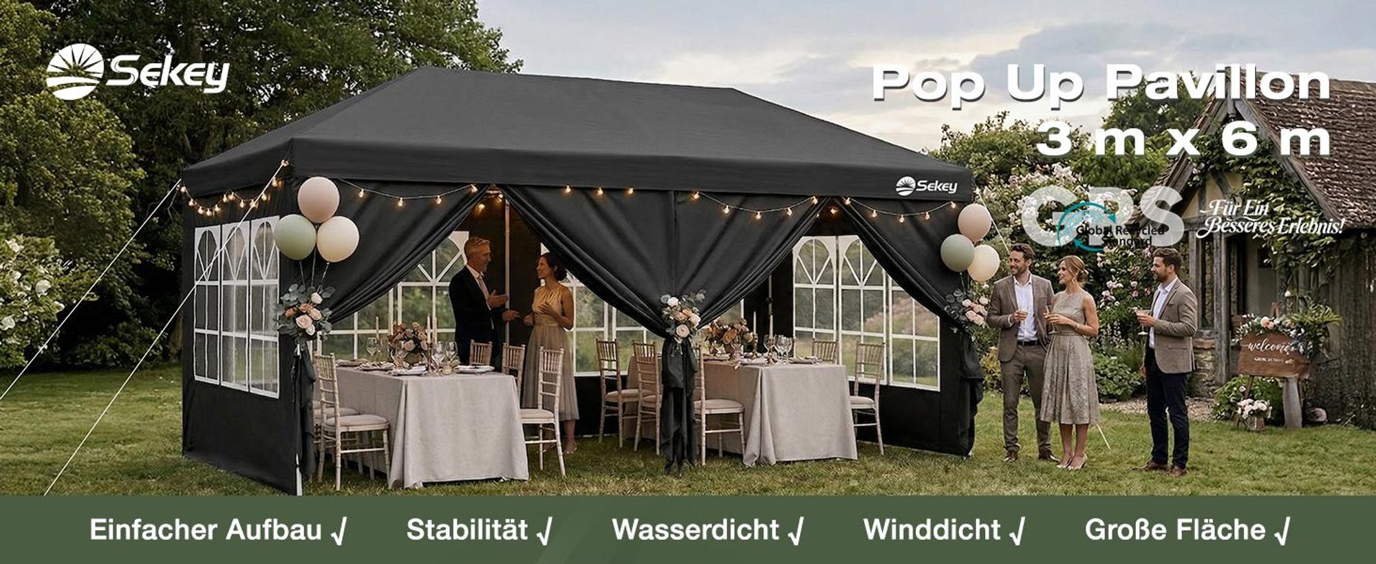 Sekey Faltpavillon 3x6 m wasserdicht UV50+ Gartenpavillon Partyzelt mit 6 Seitenteilen höhenverstellbar, Schwarz