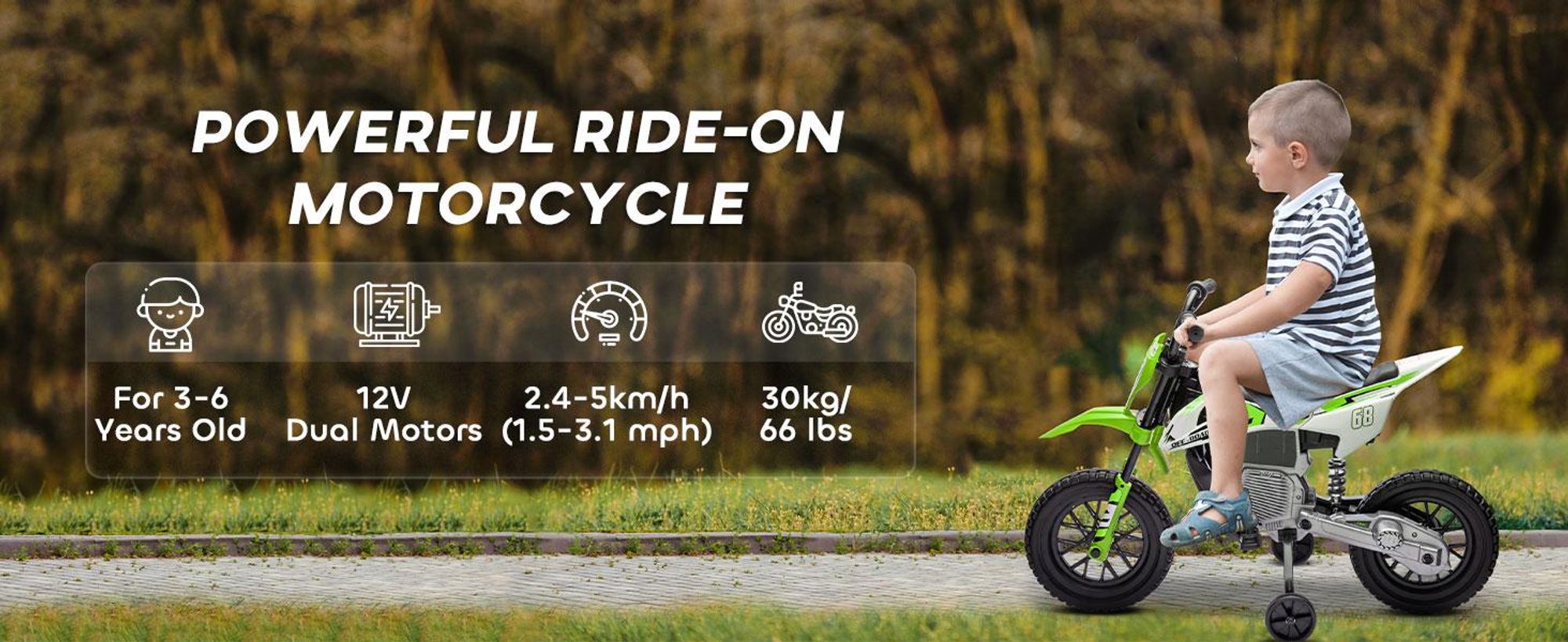 AIYAPLAY Elektryczny motocykl dziecięcy Elektryczny motocykl z muzyką, dla dzieci 2,4-5 km/h Elektryczny motocykl z 2 kółkami bocznymi dla dzieci w wieku 3-6 lat, zielony