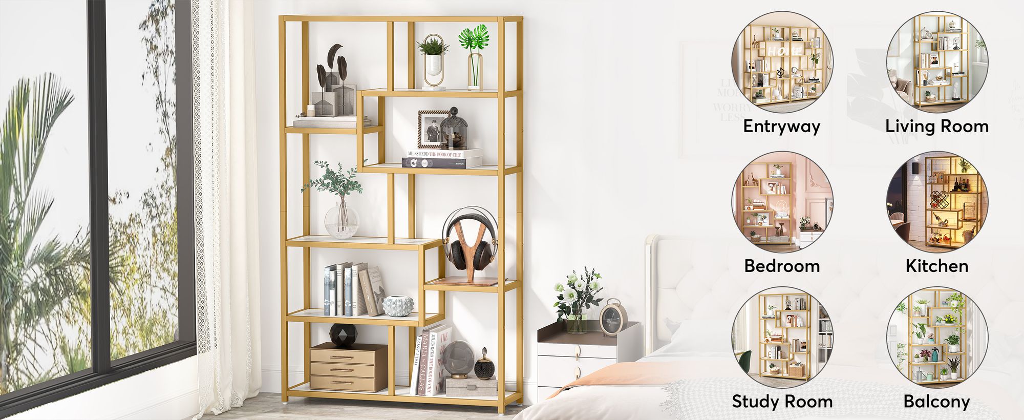 Tribesigns Bücherregal, Bücherregal, goldfarben, 8 offene Regale, Etagere-Bücherregal mit künstlichem Marmor, Bücherregale als Ausstellungsregal