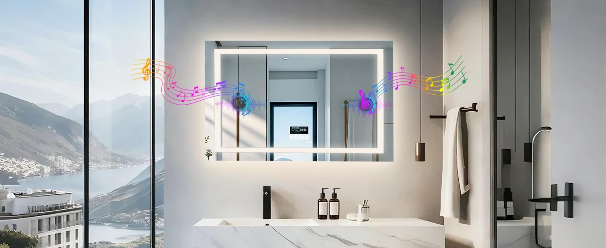 WISFOR LED Badspiegel mit Bluetooth Lautsprecher, 100x70cm Badezimmerspiegel mit Beleuchtung 3 Lichtfarbe, LED Wandspiegel dimmbar beschlagfrei