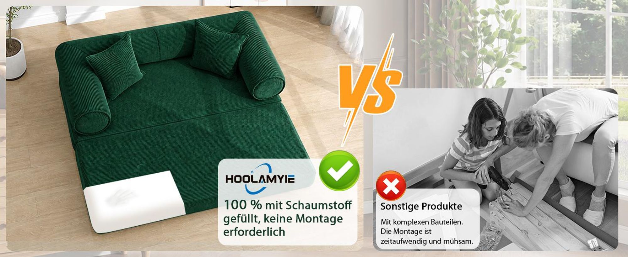 HOOLAMYIE 6-in-1 Modulares Schlafsofa aus Cord, Klappbares Polstersofa mit Seitentasche, montagefrei, Bodensofa 2-Sitzer, Grün