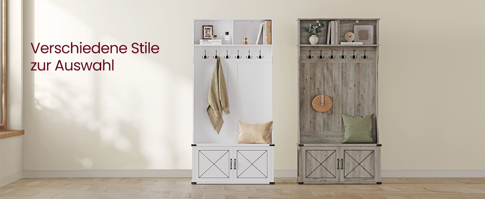 Garderobenständer mit Schuhbank, Schuhschrank, 6 Dreifach-Haken, HSRDE430W02YC