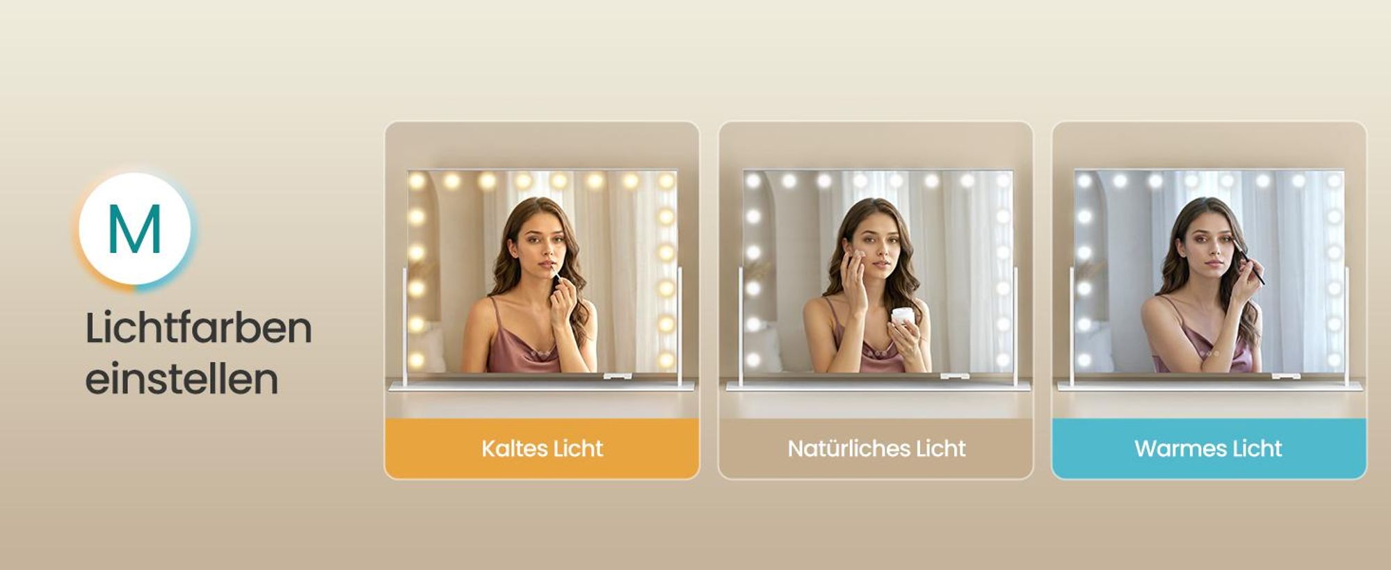 SONGMICS Make-up Spiegel mit LED-Beleuchtung, Kosmetikspiegel, Touch-Steuerung, Handyhalter, 3 Lichtfarben, 80 x 60 cm, weiß