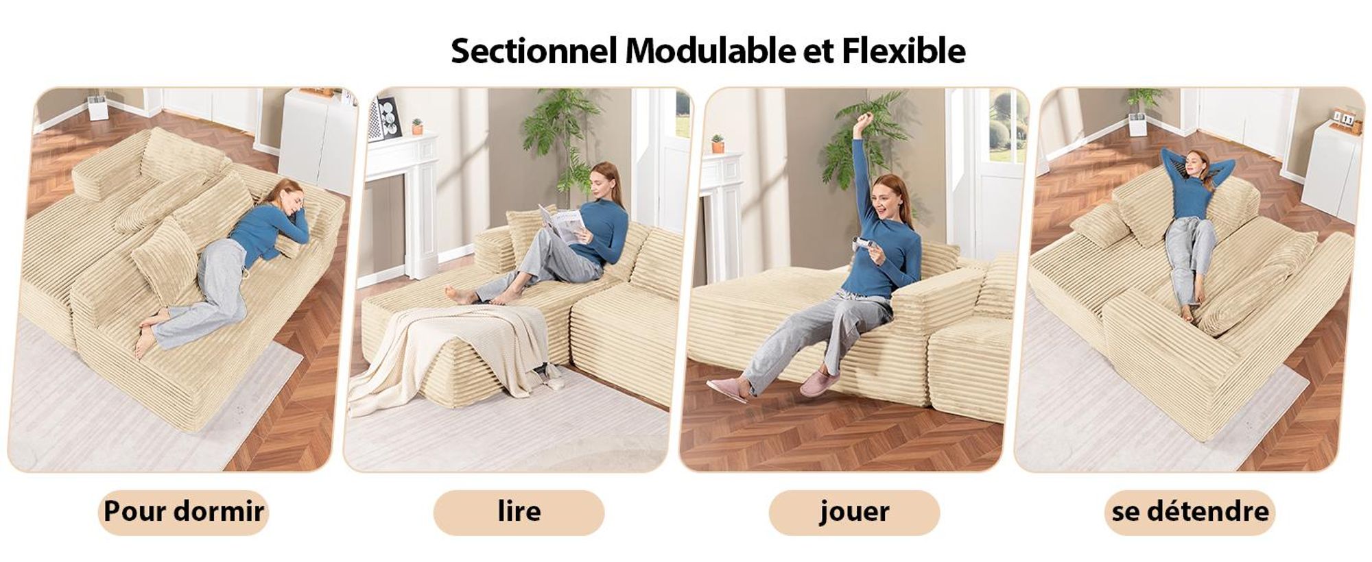 COMHOMASofa Big-Sofa, Canapé en L, Canapé d'angle, Chaiselongue Canapé-lit avec assise profonde et larges accoudoirs, tissu velours côtelé, beige-R