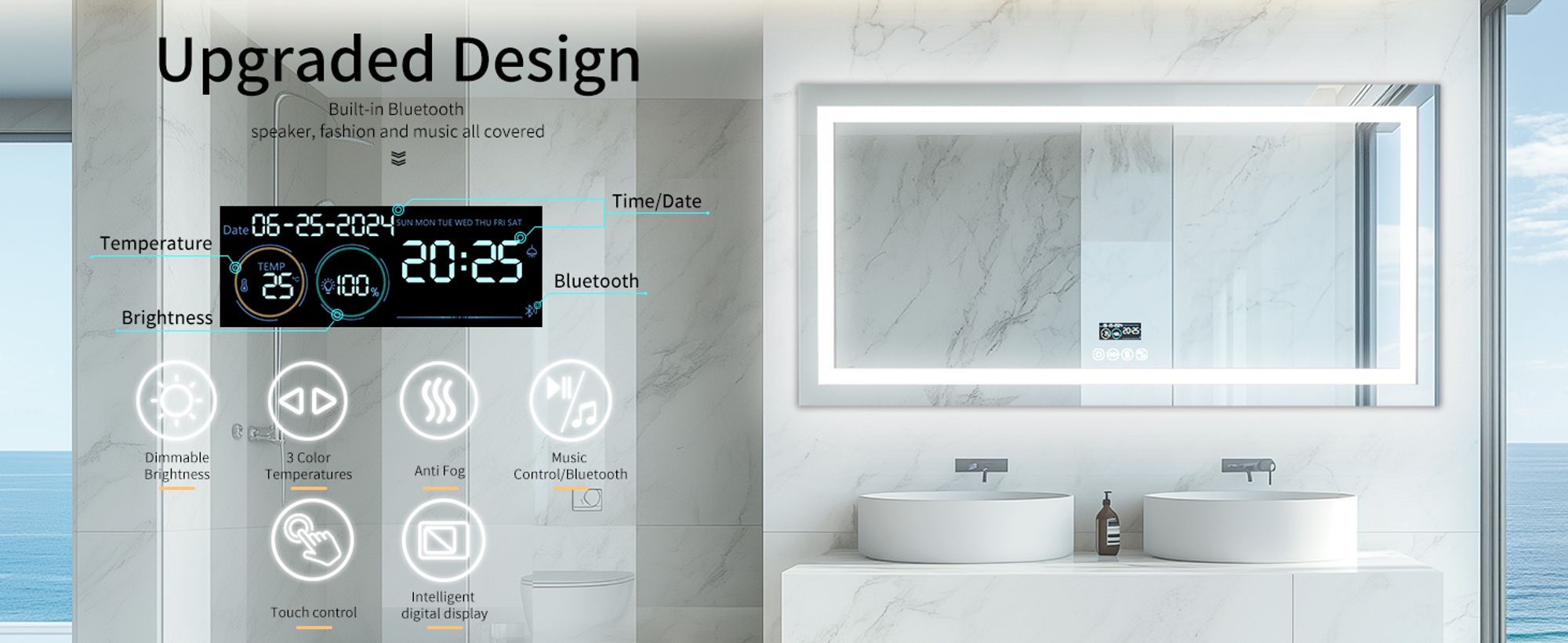 WISFOR LED Badspiegel mit Bluetooth Lautsprecher, 120x60cm Badezimmerspiegel mit Beleuchtung 3 Lichtfarbe, LED Wandspiegel dimmbar beschlagfrei