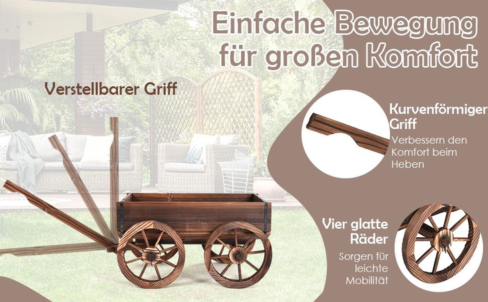 COSTWAY Pflanzwagen Holz mit 4 Rädern, Blumenwagen mit verstellbarem Griff & Drainagelöchern, Blumenkarre, Garten Dekoration, 120x43x53,5cm, Braun