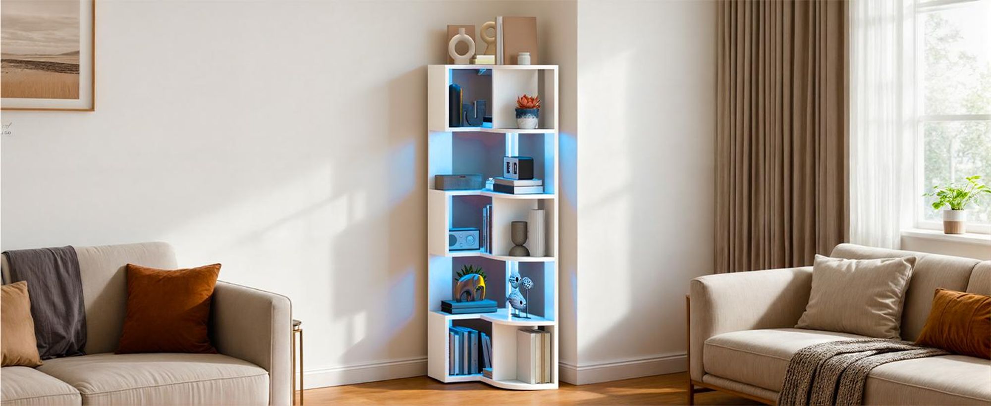 YITAHOME Bücherregal mit LED, Eckregal mit 6 Ebenen, 64 x 41,5 x 160 cm, Lagerregal, Standregal, Weiß