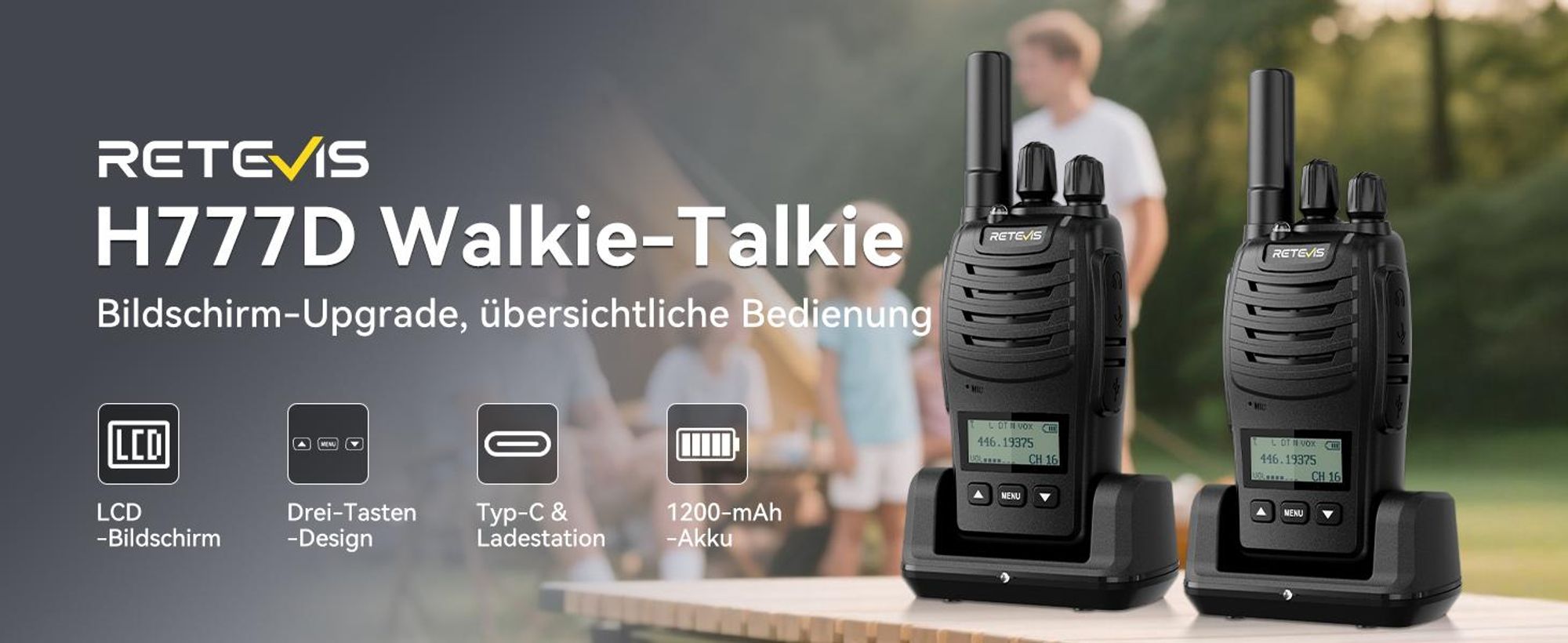 Retevis H777D Walkie-Talkie, LCD-Bildschirm, PMR446, Typ-C-Aufladung, 1200 mAh, Einfaches Pairing, VOX, Notfallalarm, Funkgeräte für Familie, Camping
