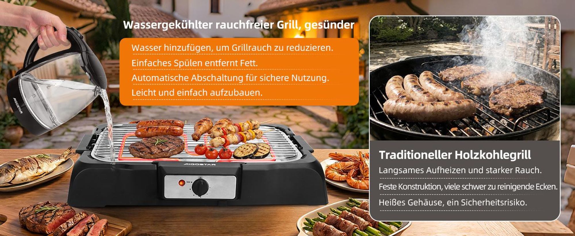 Aigostar - Rauchfreier Tischgrill Barbecue Elektrogrill Elektrischer, Antihaftbeschichtete Grillfläche , Abnehmbarer Fettauffangschale, 2000W