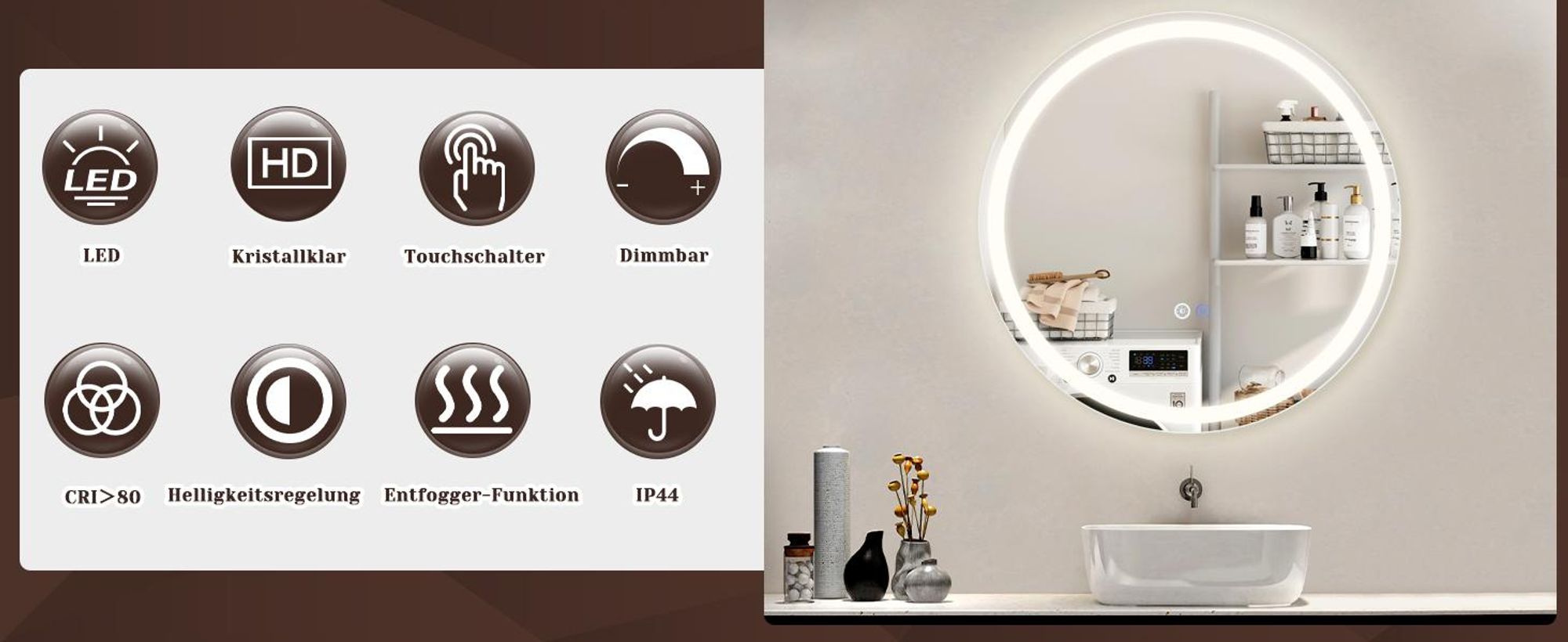 ZMH Spiegel Badezimmer Badspiegel mit Beleuchtung LED Badezimmerspiegel Rund Wandspiegel Bad 60cm Lichtspiegel Dimmbar 3000K-6500K