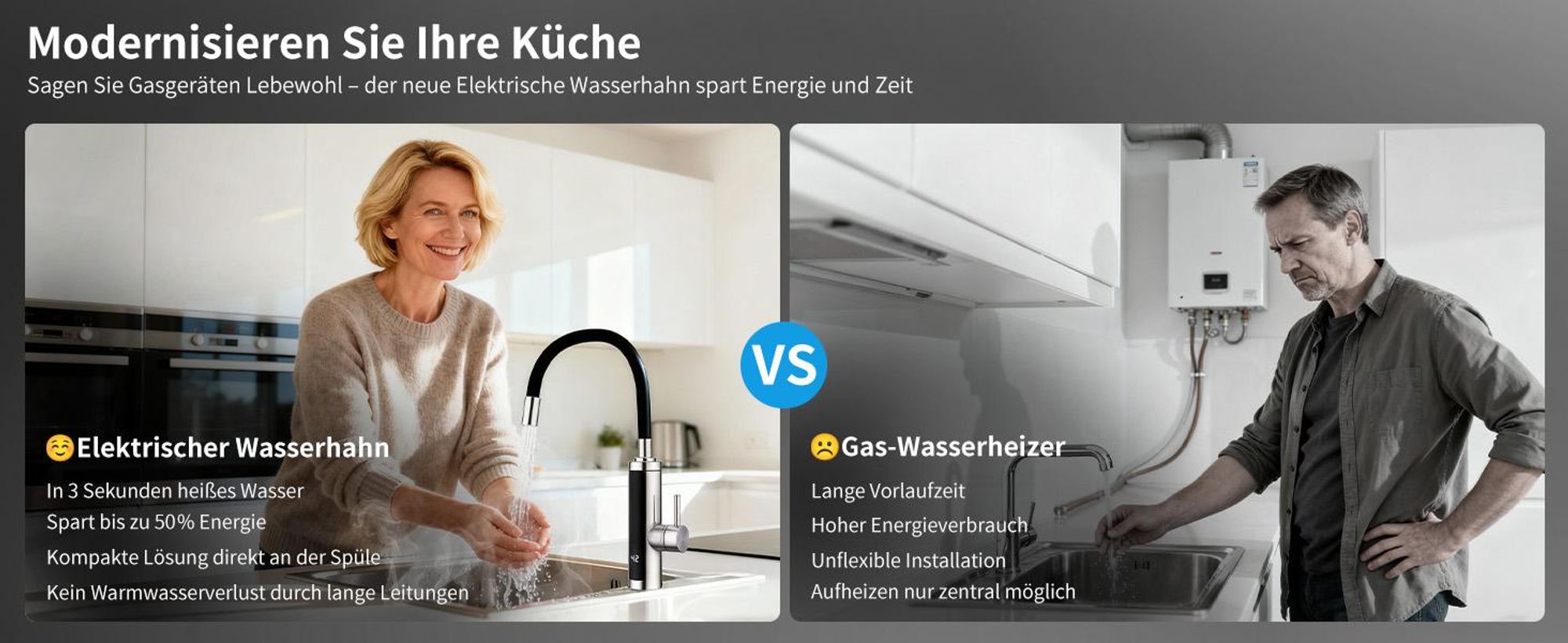 Homelody Elektrischer Wasserhahn mit Durchlauferhitzer 220V 3300W, Armatur Küche 304 Edelstahl mit 360° Flexibler Schlauch LED Temperaturanzeige