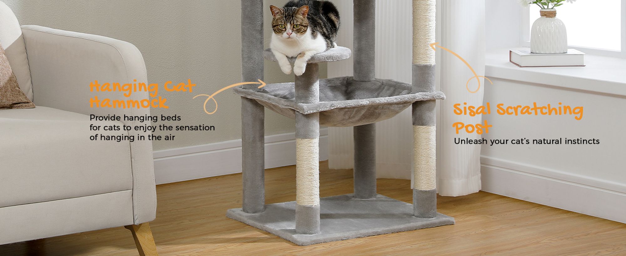 Purpurra Katzenbaum für große Katzen mit Metall Plüsch Hängematte 116cm/ 143 cm