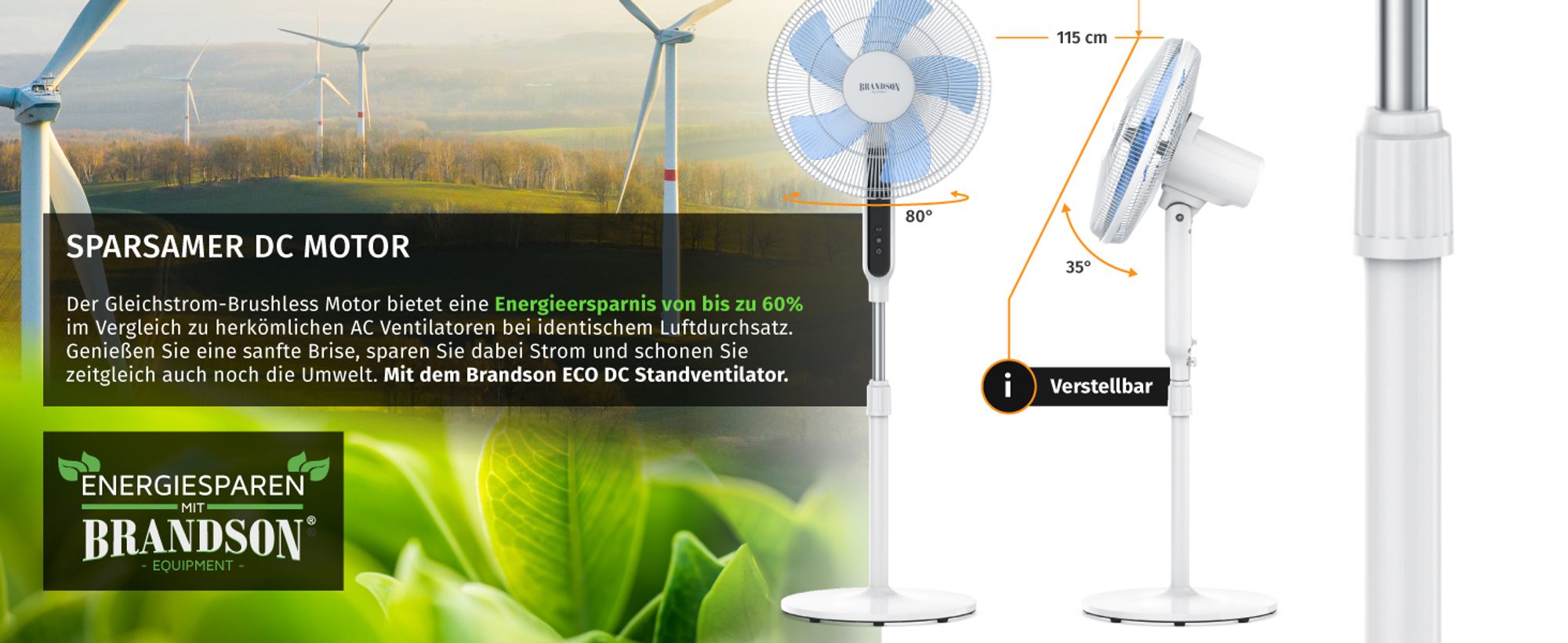 Weißer ECO-Standventilator mit blauen Rotorblättern vor grüner Landschaft mit Windrädern