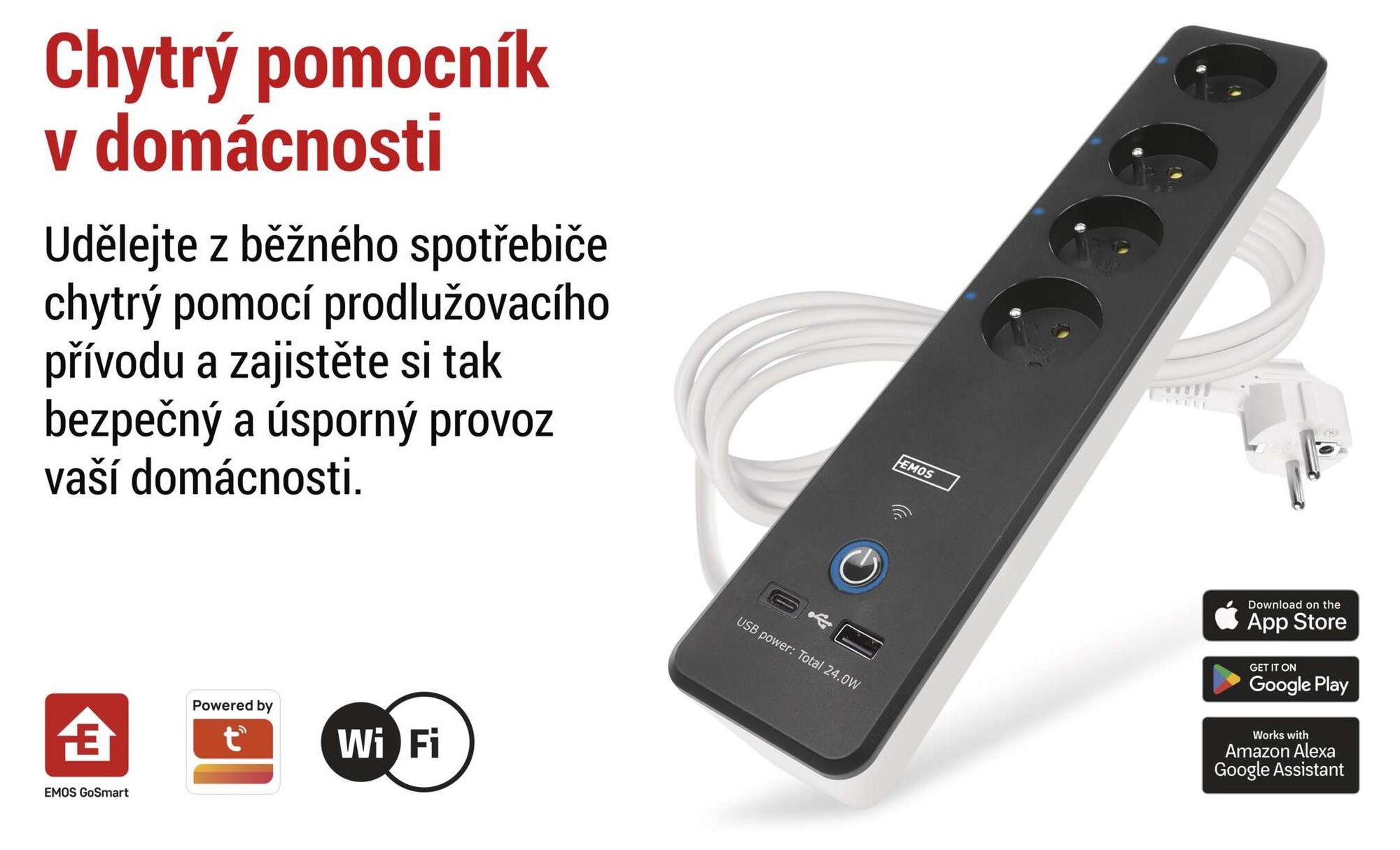 EMOS GoSmart prodlužovačka s WiFi a aplikací, 2m 4-zásuvková lišta se 2 porty USB (USB-C, USB-A), vypínačem, wattmetrem a časovačem, P1412SM