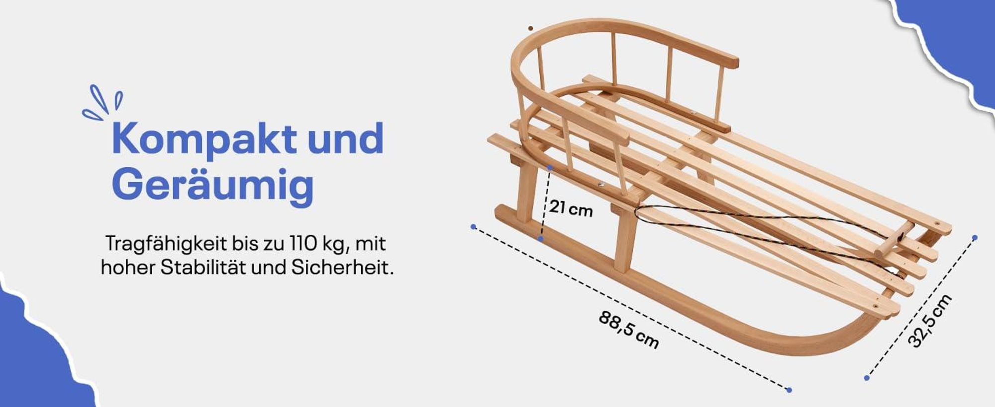 Best For Kids Holzschlitten für Kinder mit Rückenlehne┃Kinderschlitten aus Holz mit Zugseil & Gurt┃Stabiler Holzschlitten für Kinder & Erwachsene