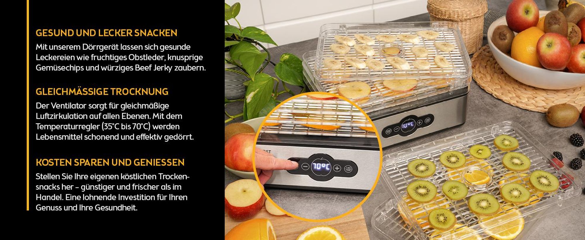 TZS First Austria Dörrgerät 240W, Dörrautomat mit Temperaturregler, Dampfgarer für Obst, Gemüse, Fleisch, Pilze