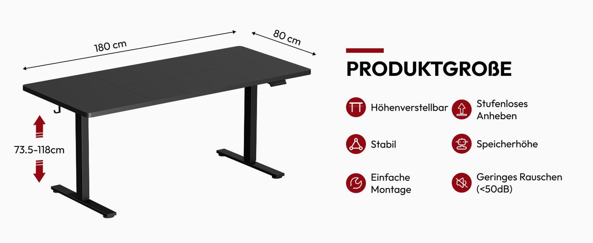 SANODESK Höhenverstellbarer Schreibtisch 180x80cm elektrisch 4 Memory-Funktion, Antikollisionsschutz, 70kg Tragkraft, mit Haken und Ablagebox(Schwarz)