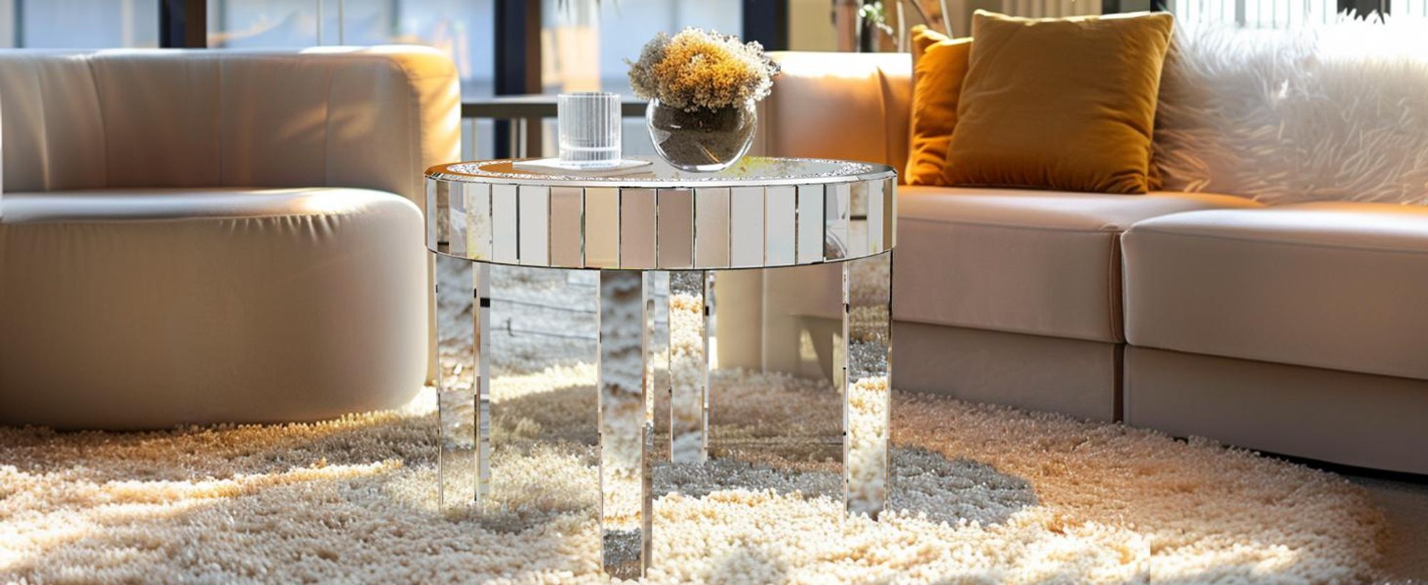 WISFOR Couchtisch verspiegelt, Beistelltisch rund mit Diamantoptik, Silber, Ø60 x H50 cm