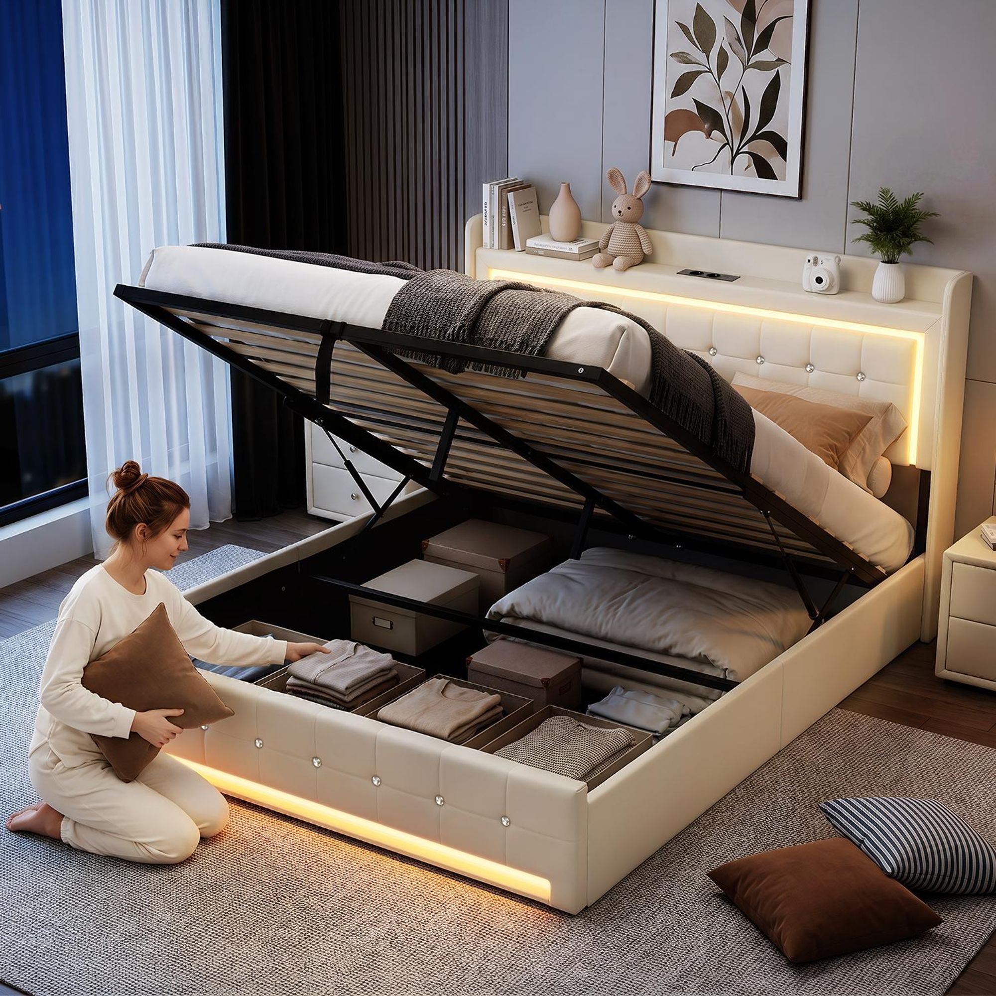 OYAJIA Polsterbett Doppelbett 140×200 mit Led Kopfteil und Hydraulischem Stauraum,Jugendbett mit USB&Type-C Ladestation,Stauraumbett Funktionsbett