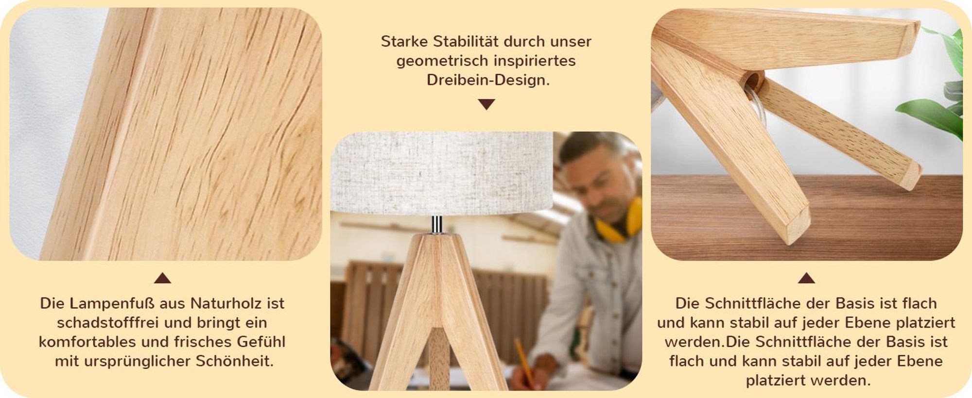 EDISHINE 2er Set Tischlampe Holz, LED Nachttischlampe inkl. Leuchtmittel, Vintage Tischleuchte für Schlafzimmer, Wohnzimmer, Geschenk