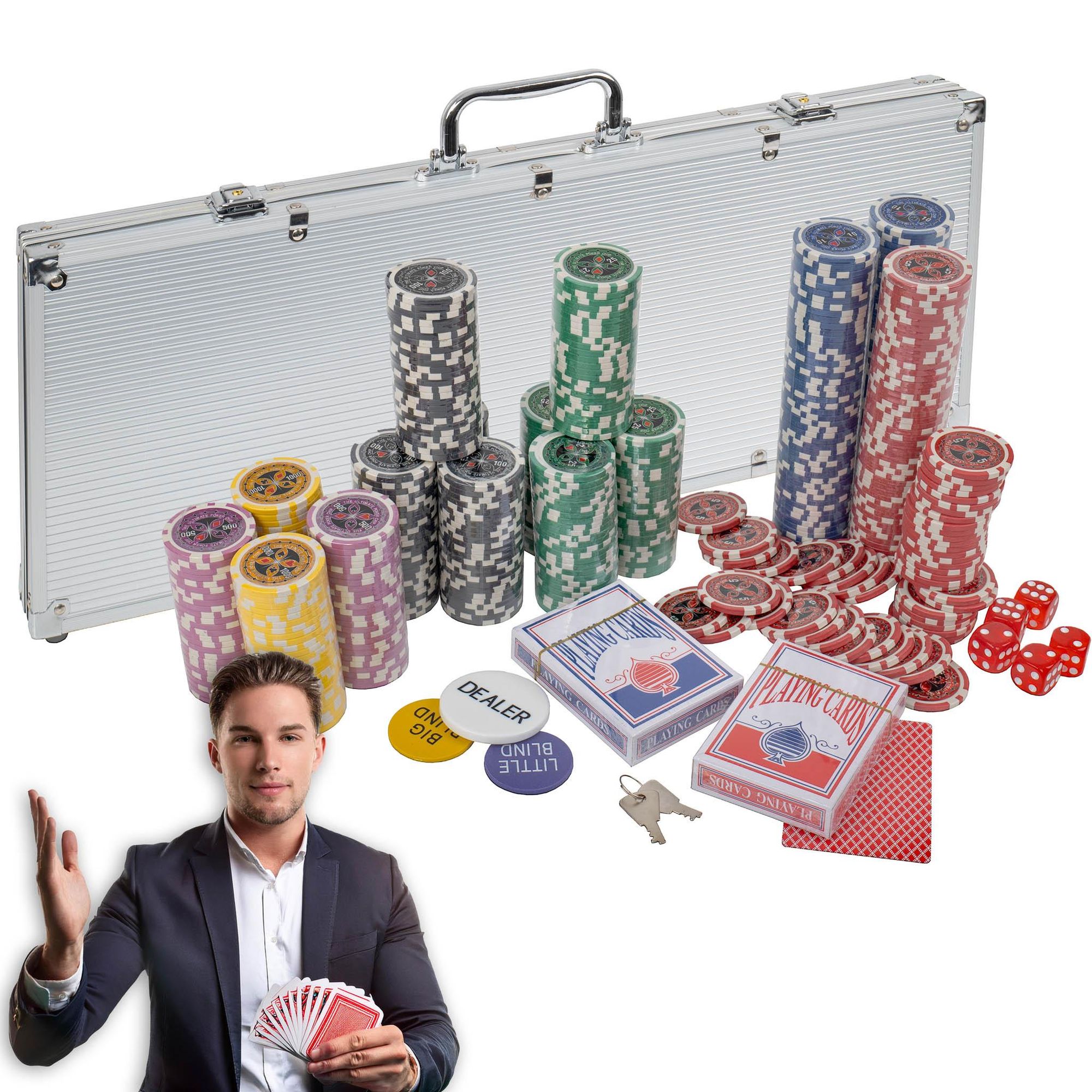 Poker Set Premium 500 Chips 11,5g mit Metallkern – 6 Wertstufen, Aluminium Koffer, 2 Kartendecks & Zubehör