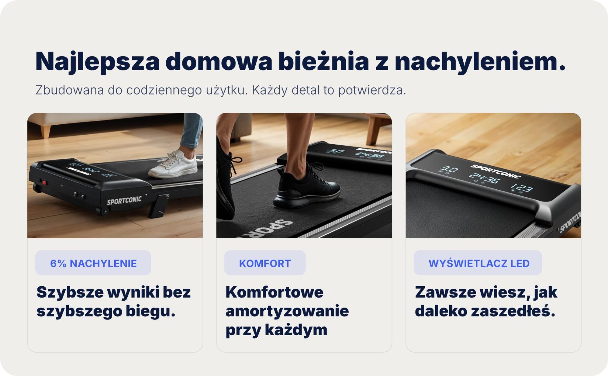 Sportconic Walking Pad bieżnia domowa & do biura – cicha, z nachyleniem 6 %, oszczędna, wyświetlacz LED