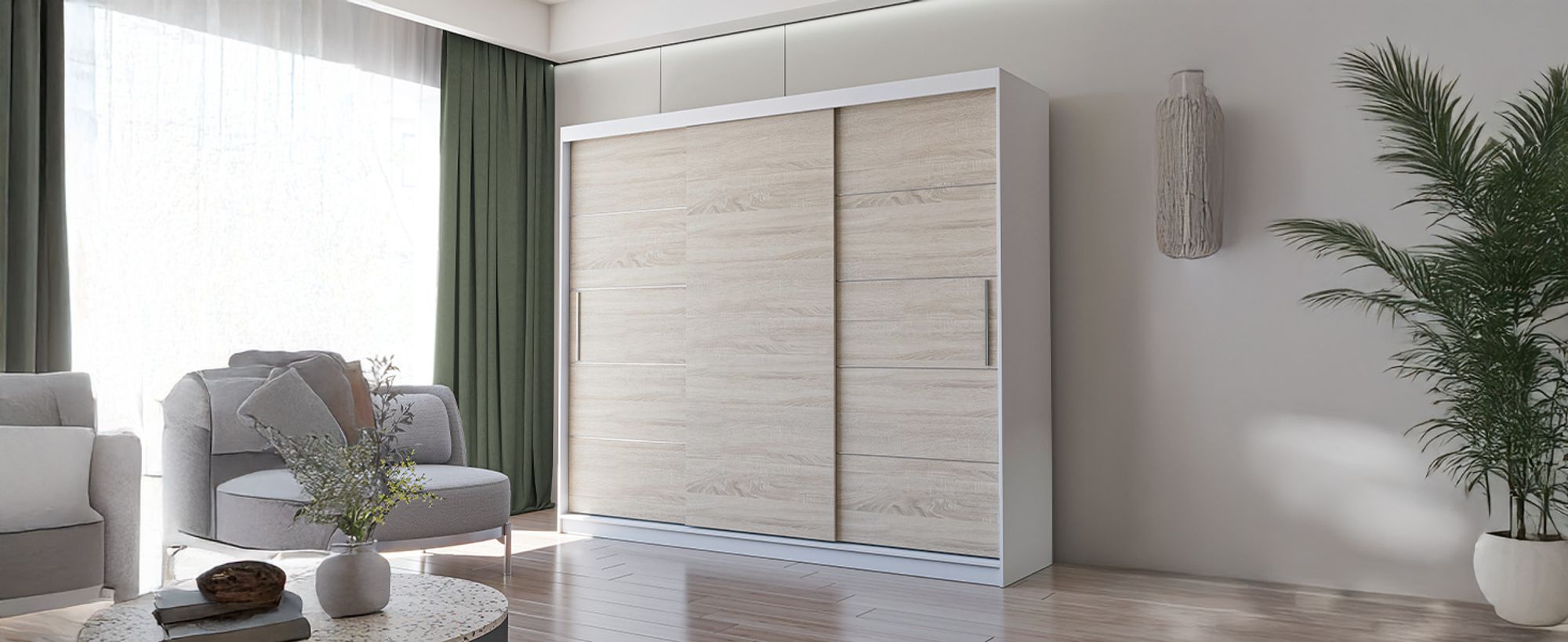 Schwebetürenschrank Alba 250 cm Weiß/Sonoma, ohne Spiegel und LED.