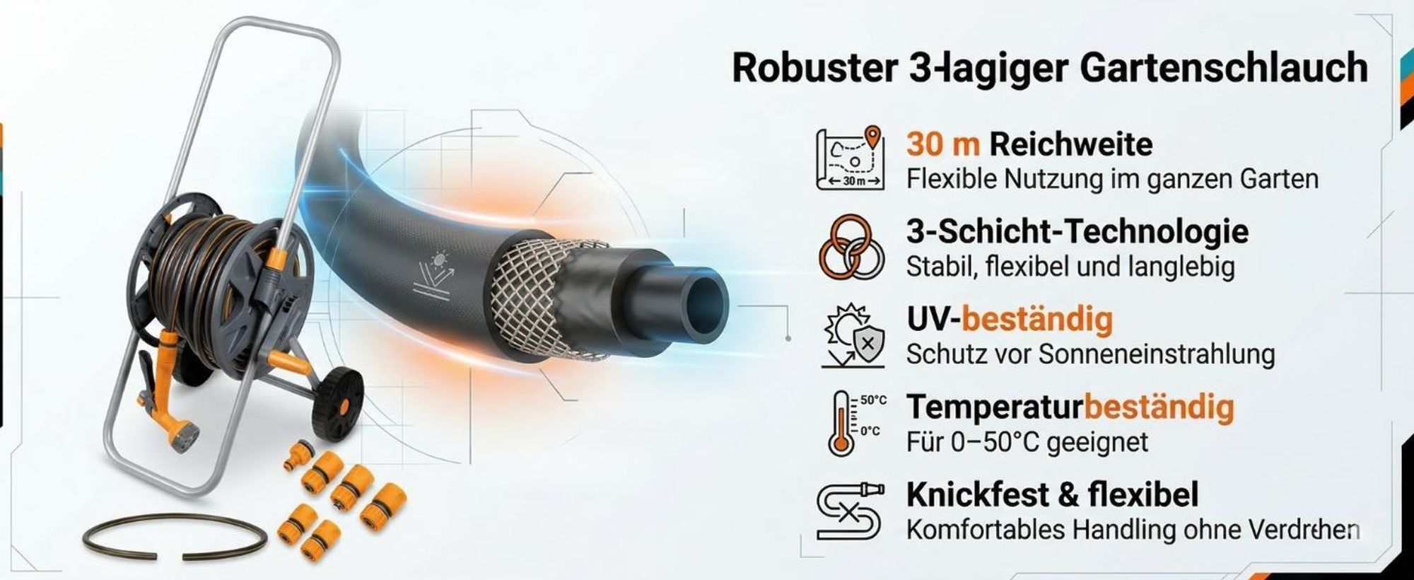 NEO TOOLS Mobiles Gartenbewässerungssystem Komplettset mit Schlauchwagen 30 m Gartenschlauch 1/2 Zoll und 6-Funktionen