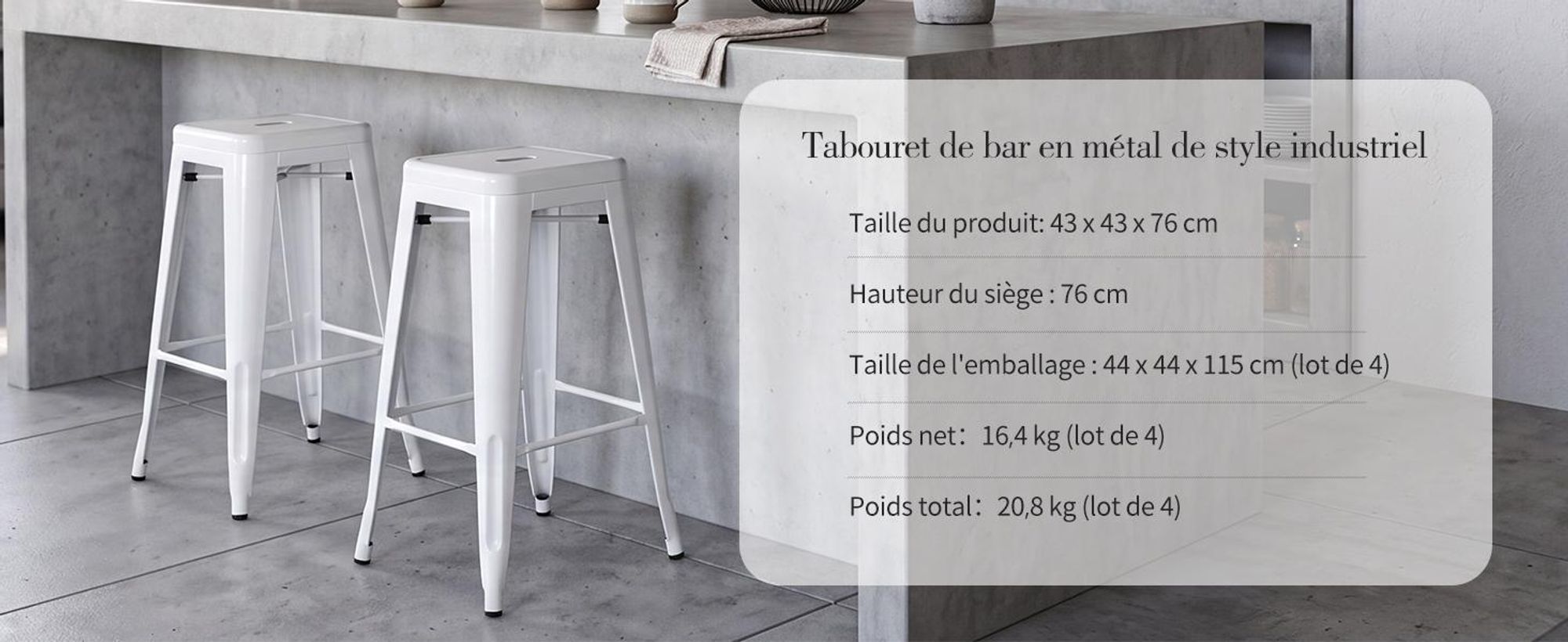 Duhome Tabourets de bar en fer, hauteur d'assise 76 cm, tabourets de comptoir empilables en métal avec repose-pieds, design industriel, blan