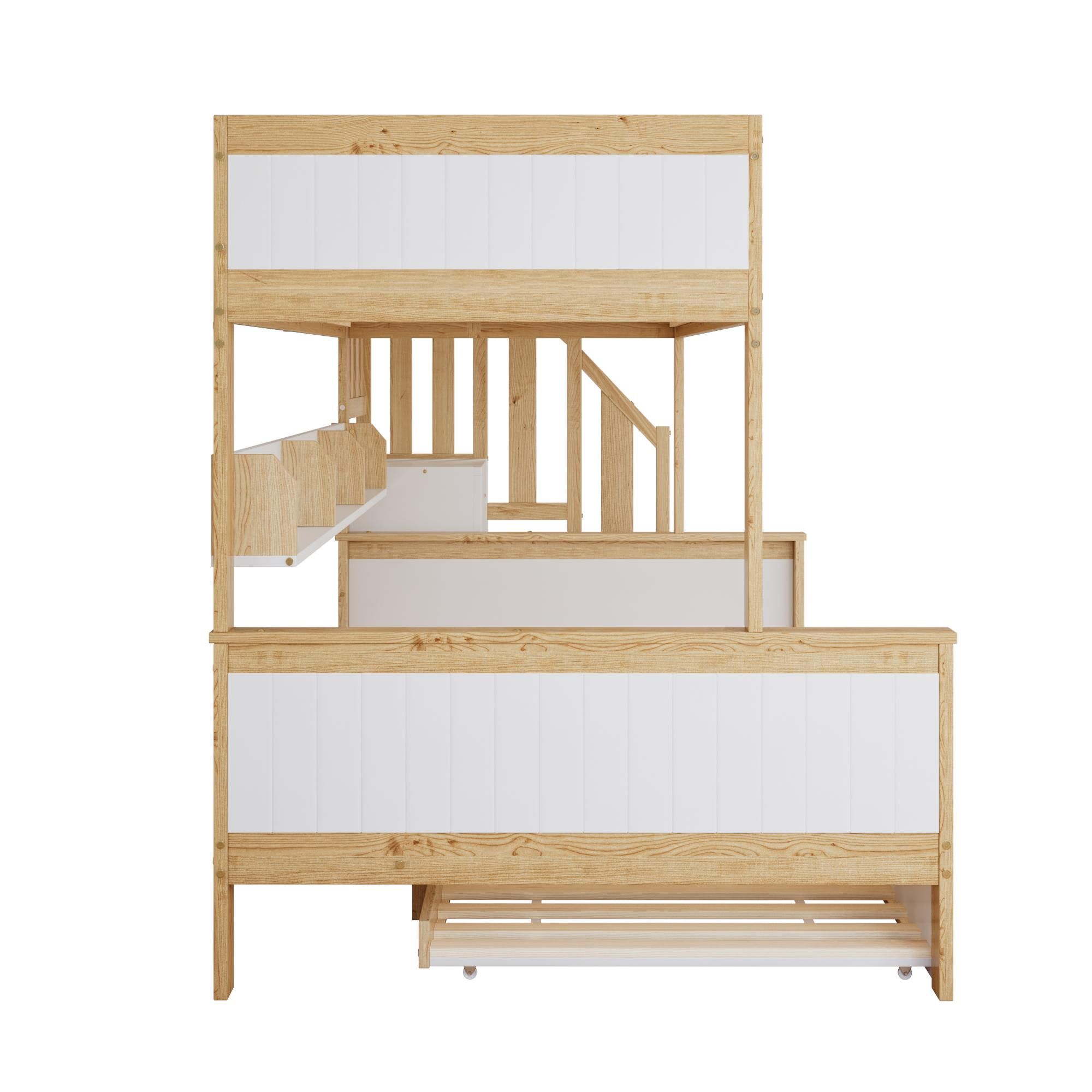 Flieks Etagenbett 90x200 / 120x200cm mit Ausziehbett, Hochbett mit Treppe, Kinderbett mit Ablagen, Stockbett mit Rausfallschutz und Lattenrost
