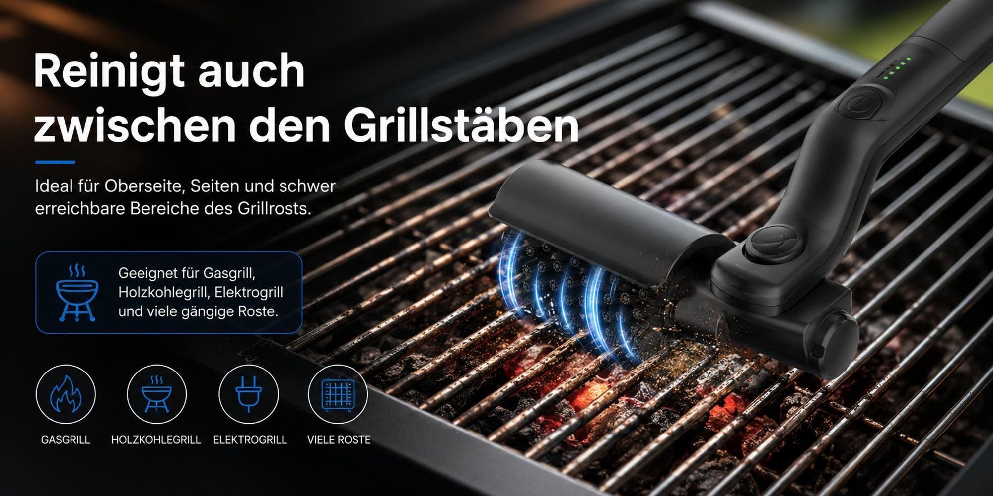 Elektrische Grillbürste kabellos Profi-Set, 2600mAh Akku, 3 Stufen, 180° verstellbarer Bürstenkopf, Edelstahl, USB-C BBQ Reiniger