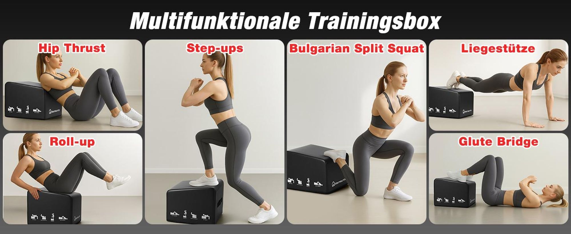 WARMOUNTS Hip Thrust Bank 317kg Belastbar Glute Bridge Box Krafttraining Home Gym Rutschfest mit Griff, Größe M 44,7x39,9x35cm