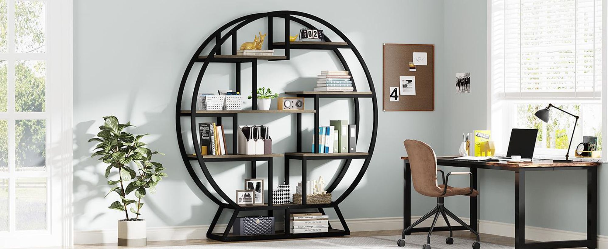 Tribesigns Bücherregal, rundes Bücherregal, Etagere-Bücherregal, 160 cm großes Bücherregal aus Holz im Industriestil mit versetzten Regalböden, Grau