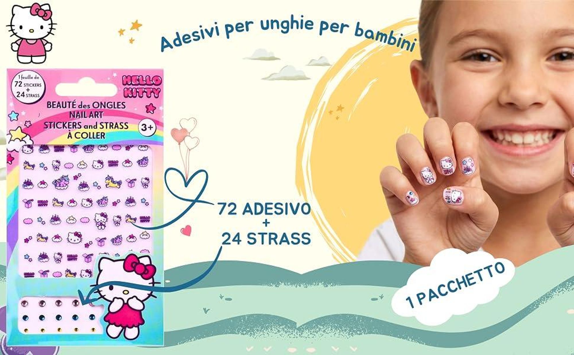 Hello Kitty Nagelsticker Set – 72 Sticker + 24 Steinchen – Offiziell Lizenziert